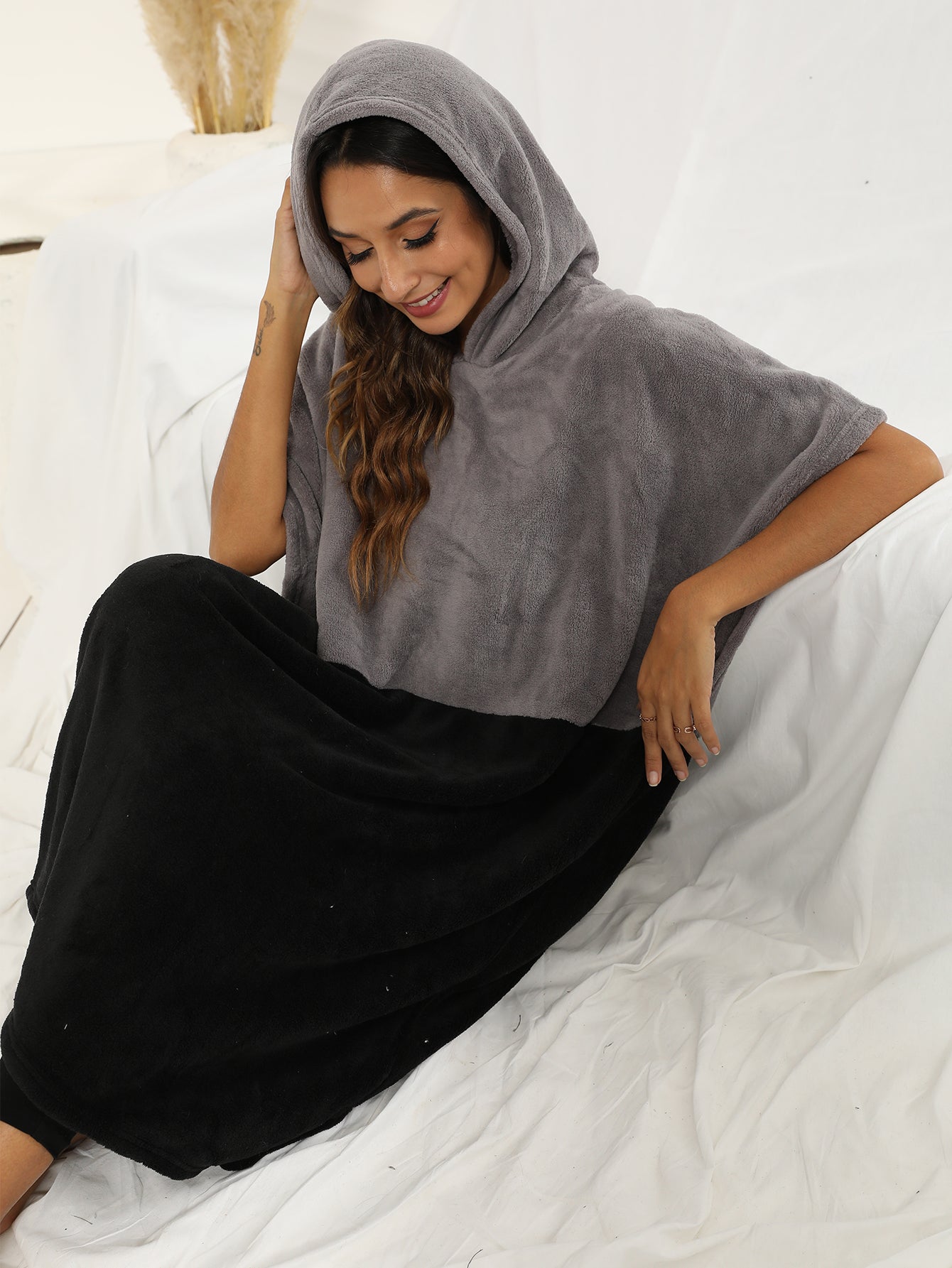 Flannel Color Block Hoodie Robe Sai Feel