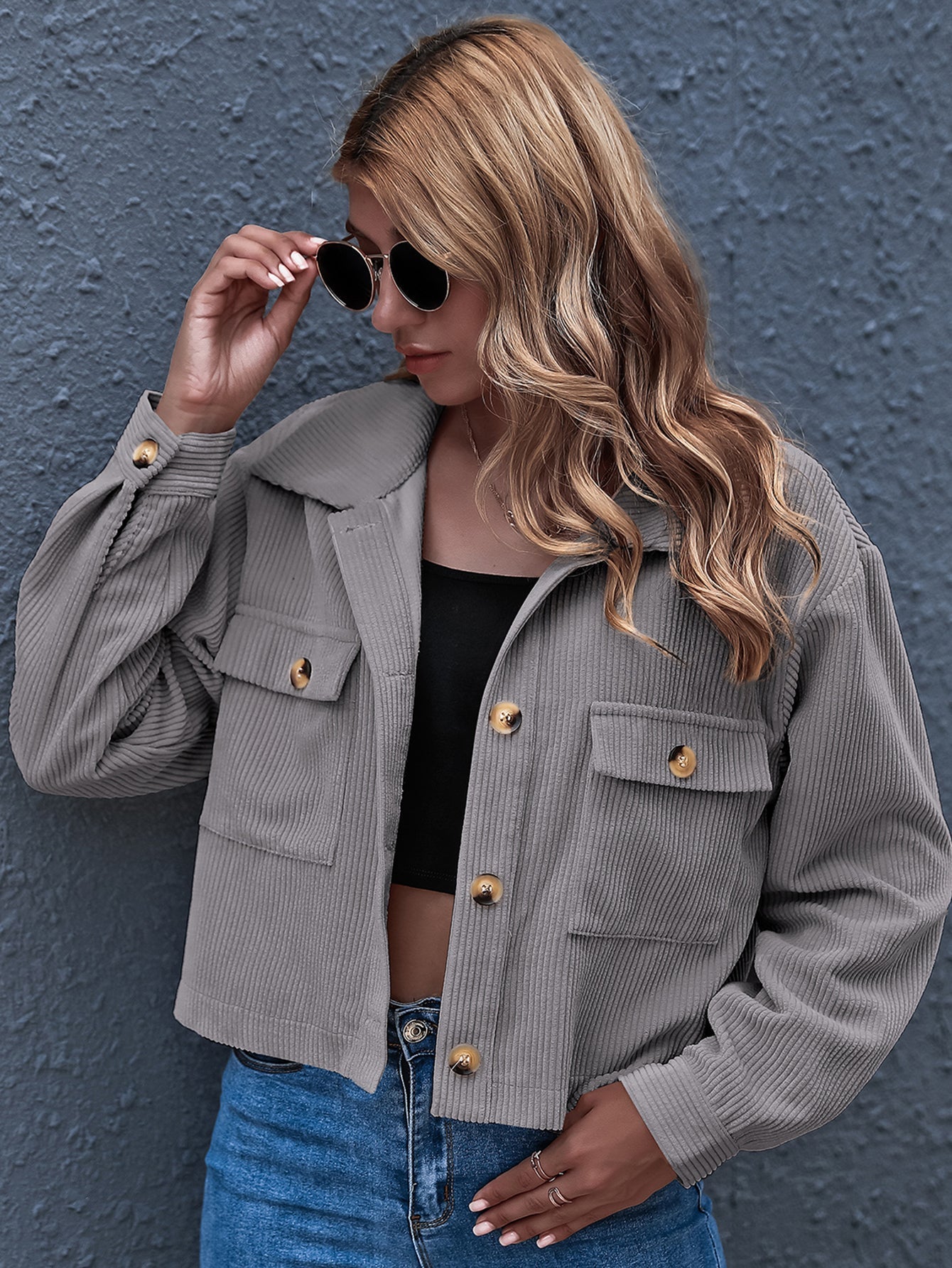 Flap Pocket Button Front Corduroy Jacket Sai Feel