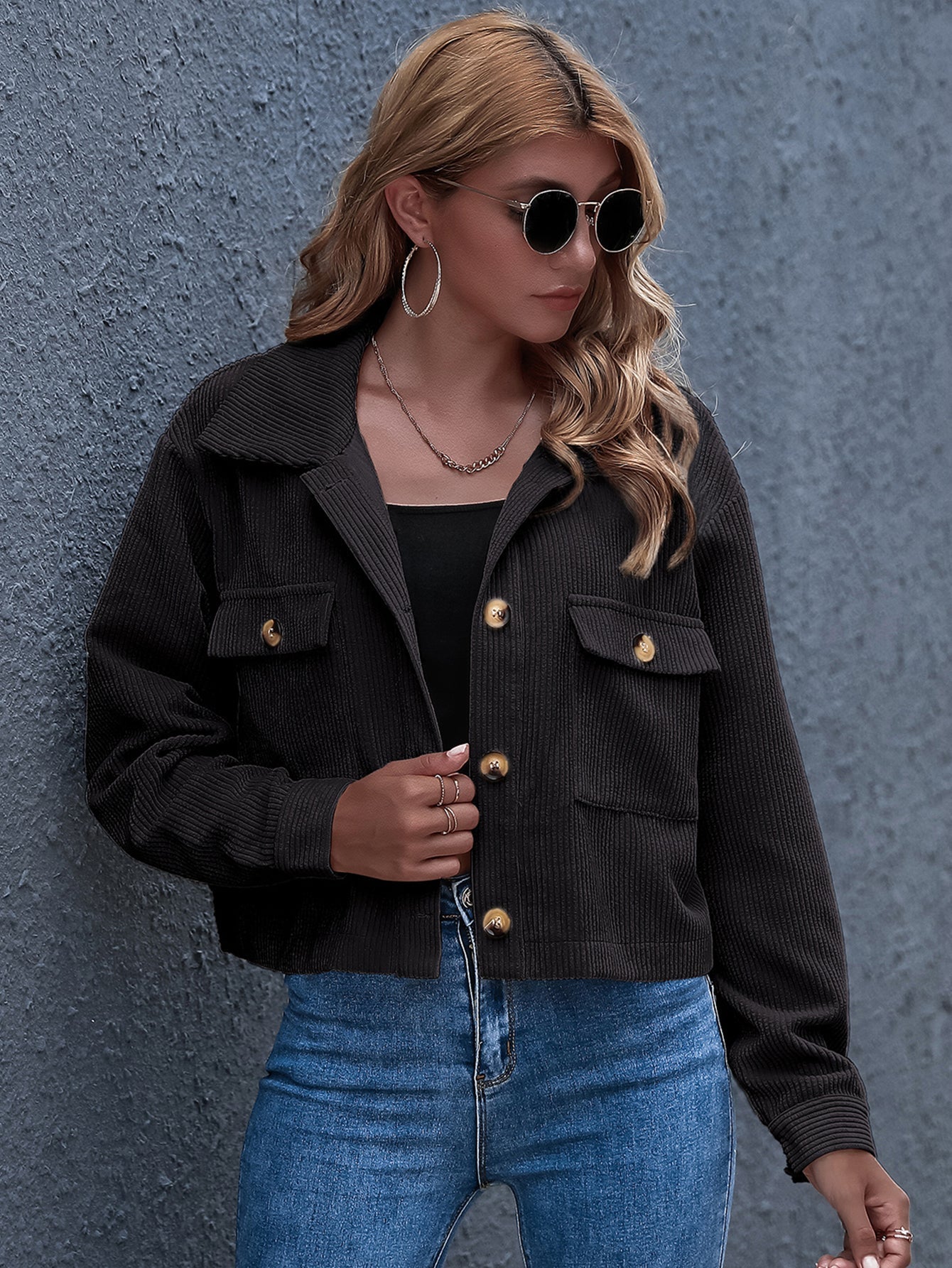 Flap Pocket Button Front Corduroy Jacket Sai Feel