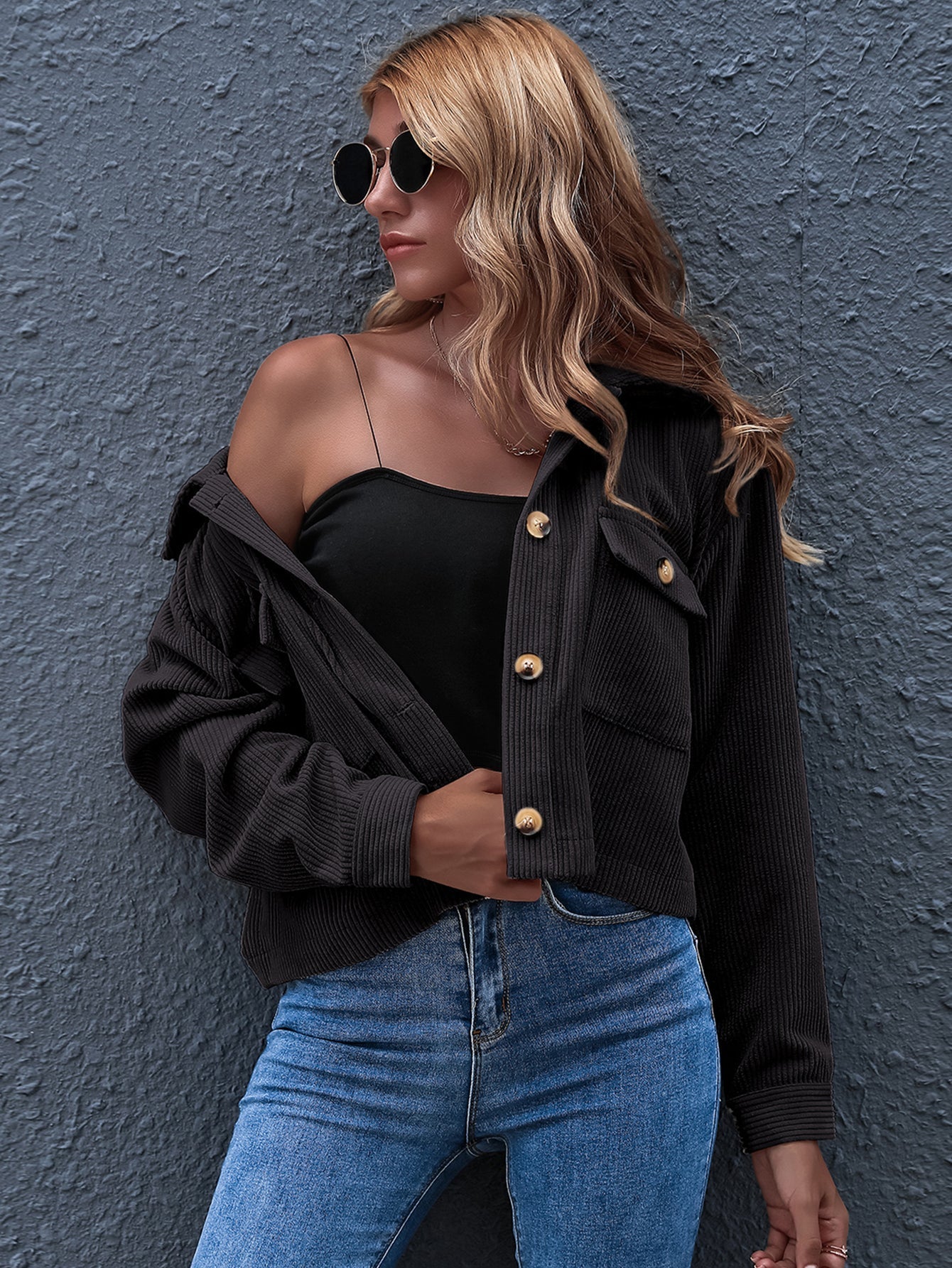 Flap Pocket Button Front Corduroy Jacket Sai Feel