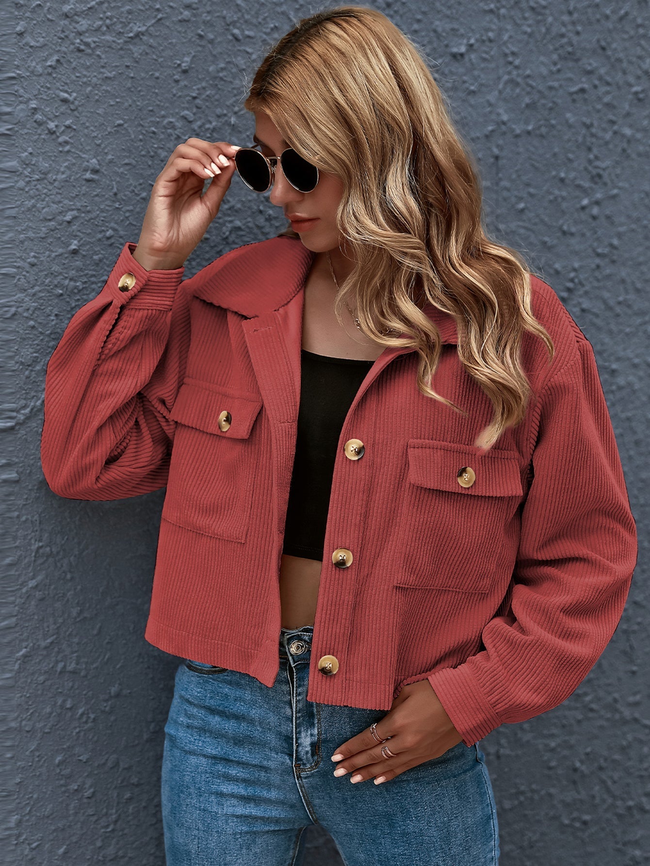 Flap Pocket Button Front Corduroy Jacket Sai Feel