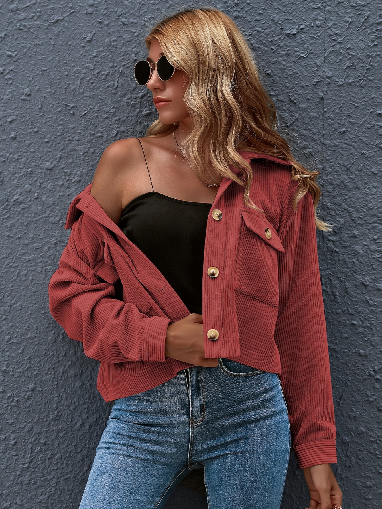 Flap Pocket Button Front Corduroy Jacket Sai Feel