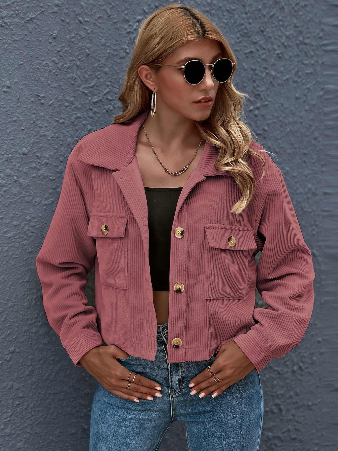 Flap Pocket Button Front Corduroy Jacket Sai Feel
