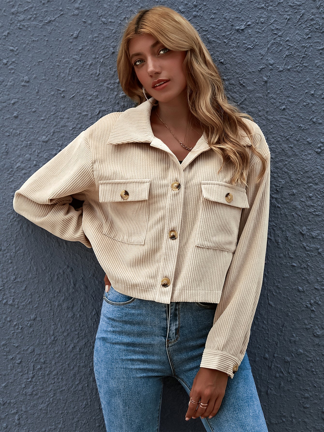 Flap Pocket Button Front Corduroy Jacket Sai Feel