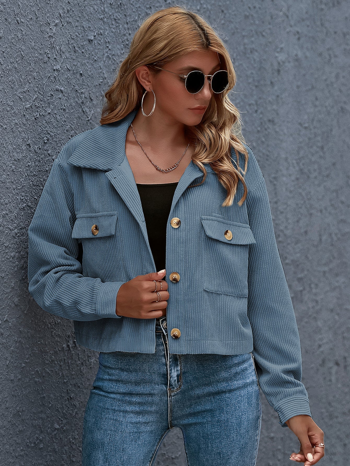 Flap Pocket Button Front Corduroy Jacket Sai Feel