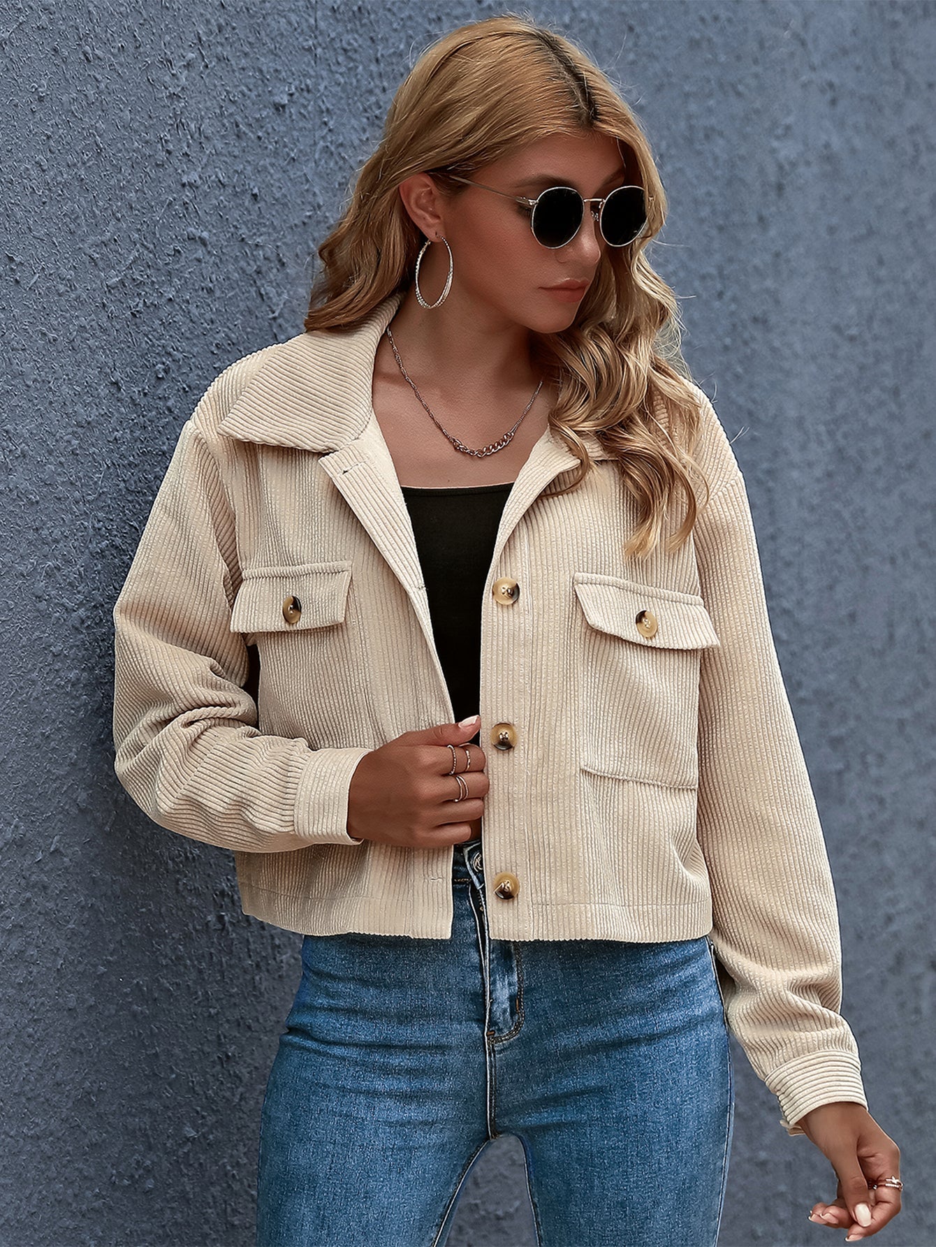 Flap Pocket Button Front Corduroy Jacket Sai Feel