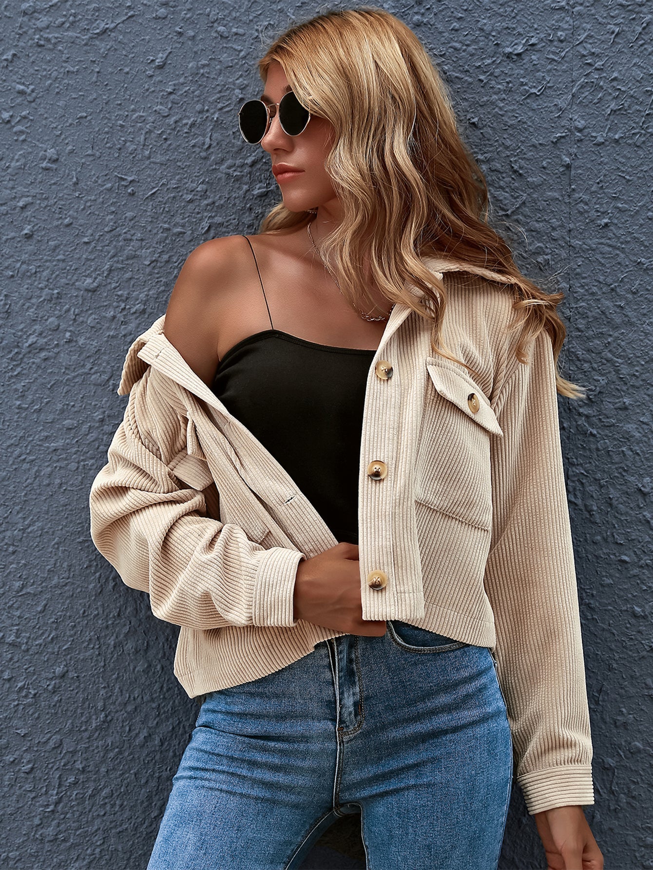 Flap Pocket Button Front Corduroy Jacket Sai Feel