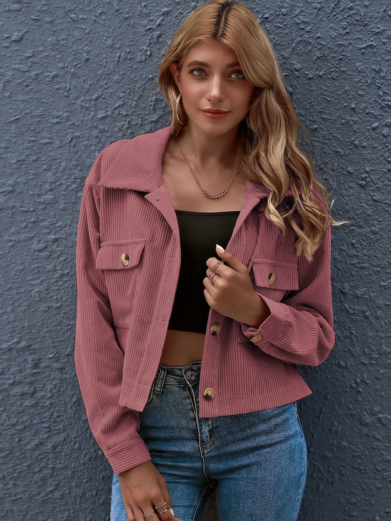 Flap Pocket Button Front Corduroy Jacket Sai Feel