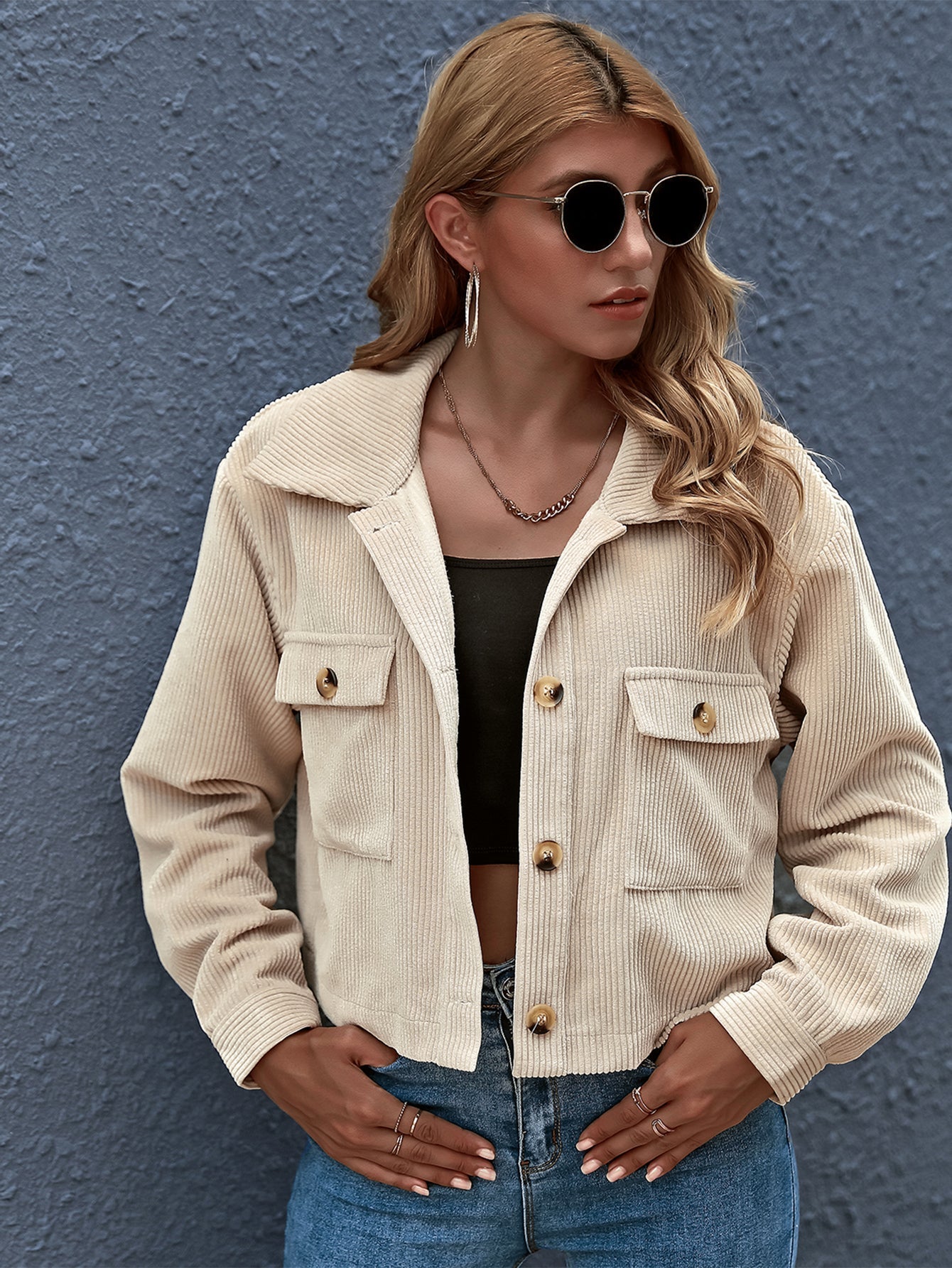 Flap Pocket Button Front Corduroy Jacket Sai Feel