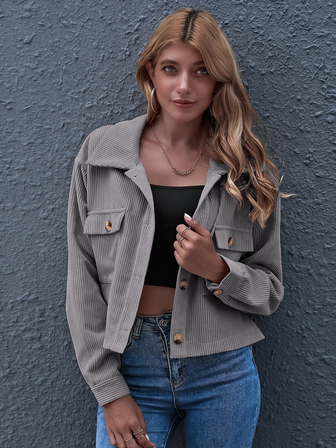 Flap Pocket Button Front Corduroy Jacket Sai Feel
