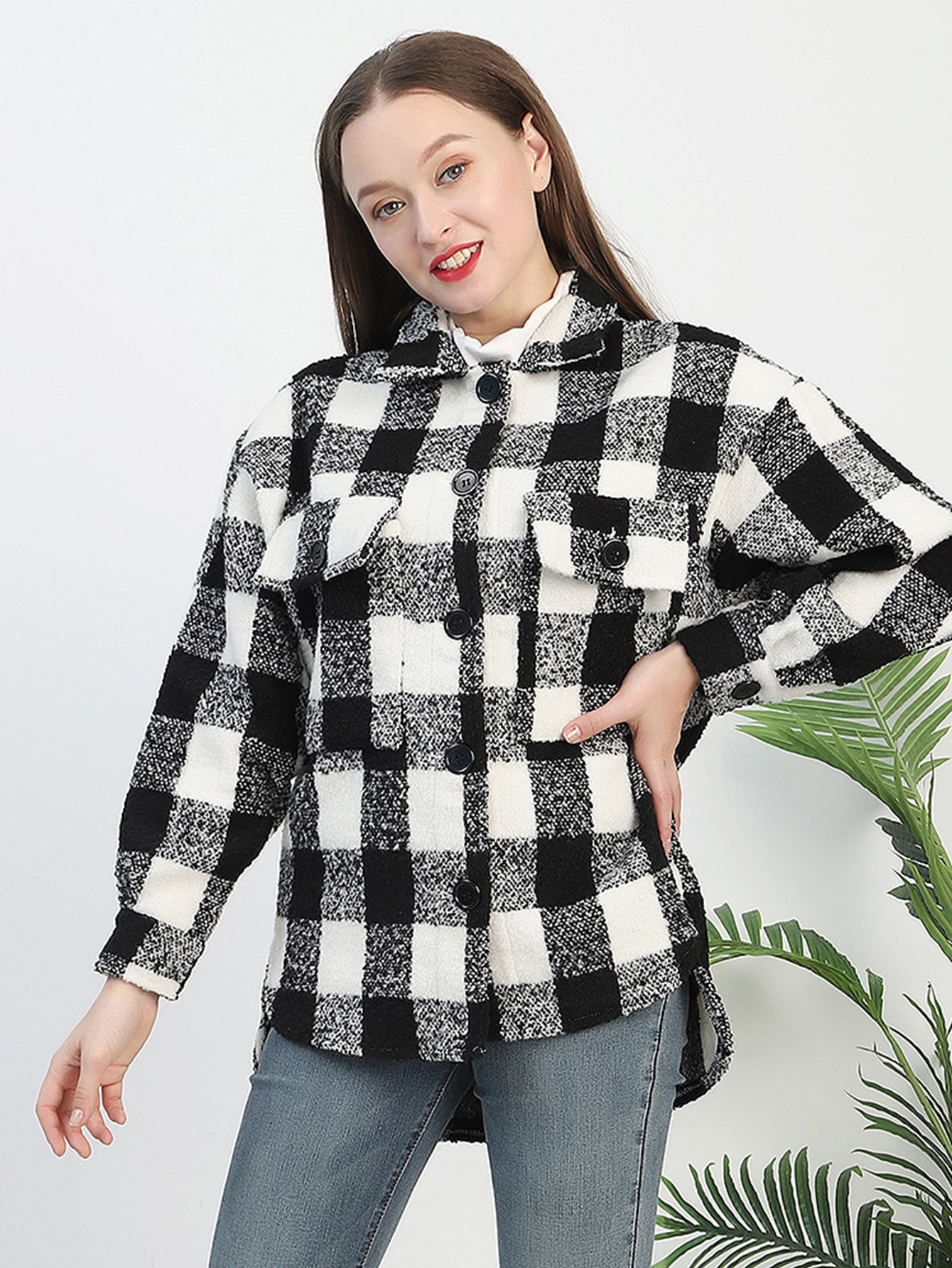 Flap Pocket Plaid Tweed Coat Sai Feel