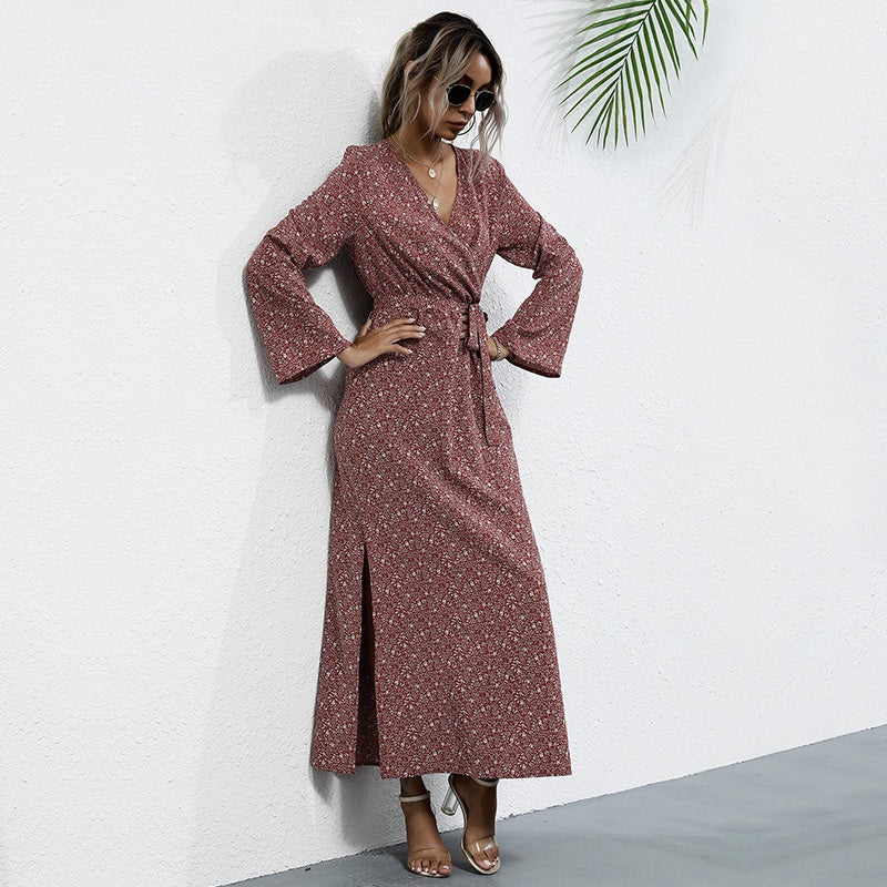 Flare Sleeve Printed Spring Autumn Dress Women V-neck Side Splite Sexy Boho Dress Maxi Long Dress Sai Feel