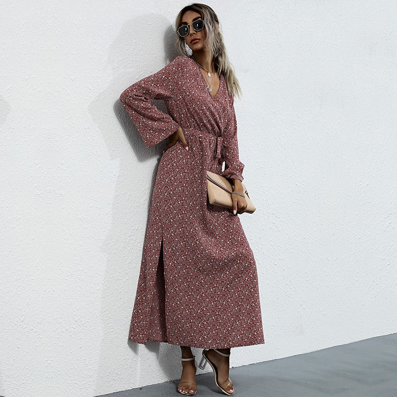 Flare Sleeve Printed Spring Autumn Dress Women V-neck Side Splite Sexy Boho Dress Maxi Long Dress Sai Feel