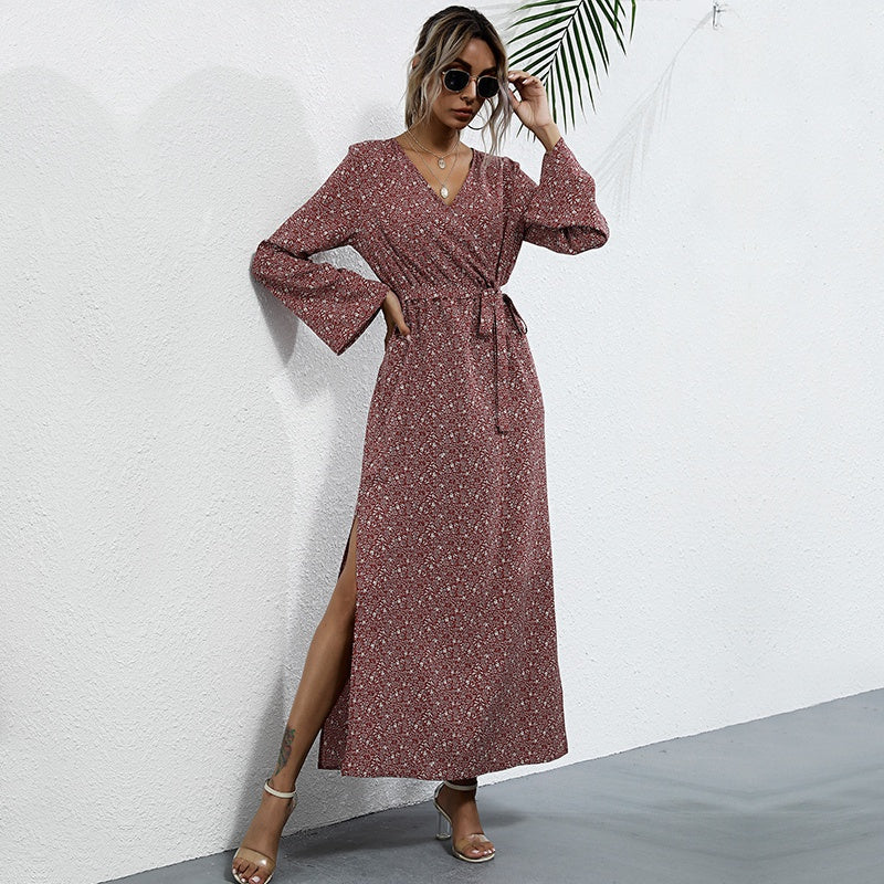 Flare Sleeve Printed Spring Autumn Dress Women V-neck Side Splite Sexy Boho Dress Maxi Long Dress Sai Feel