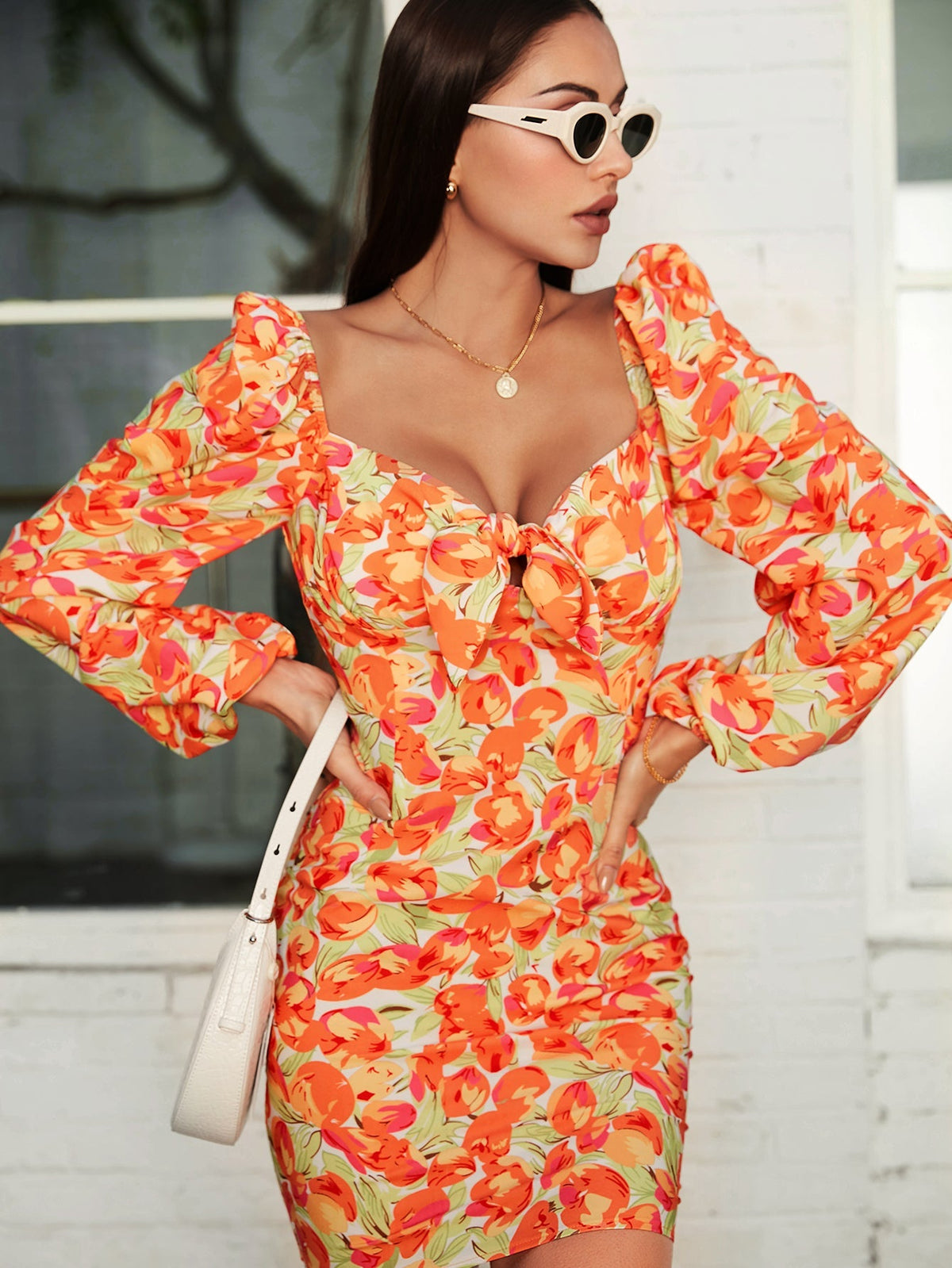 Flora printing hip dress sexy big V-neck dress Sai Feel