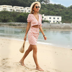 Floral Beach V-neck Short-sleeved Hip Dress Sai Feel