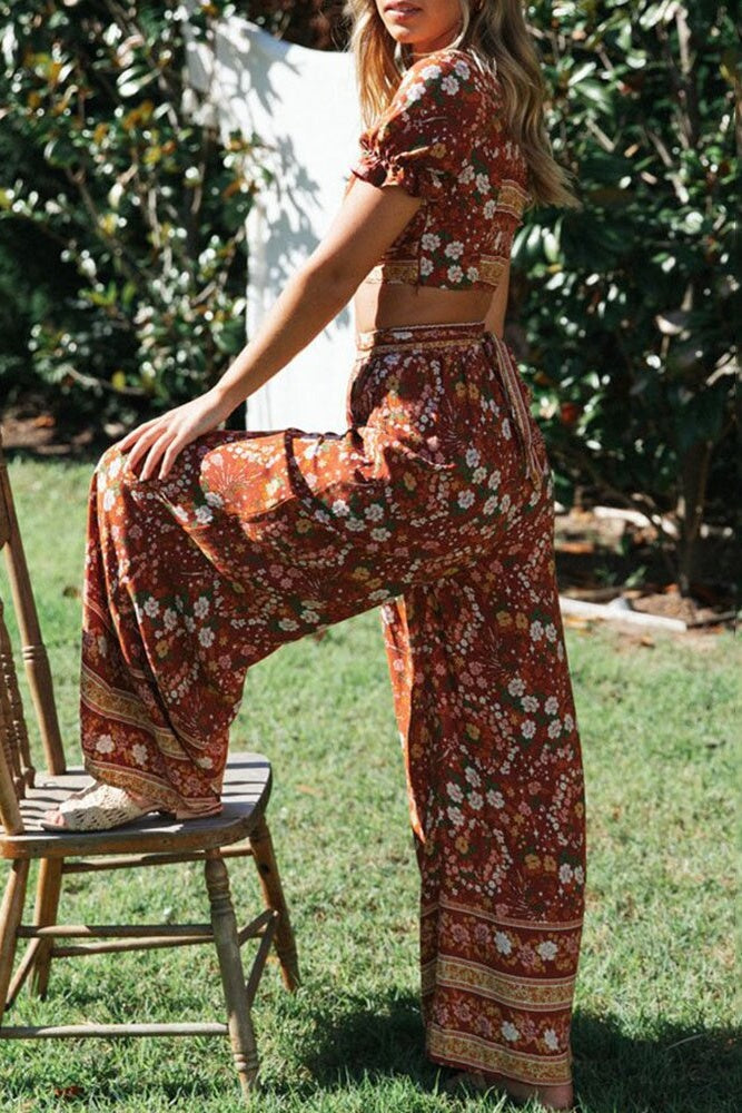 Floral Crop Top & Wide Legs Pants Two-Piece Set Sai Feel