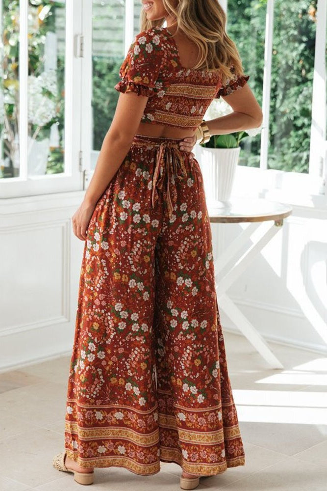 Floral Crop Top & Wide Legs Pants Two-Piece Set Sai Feel