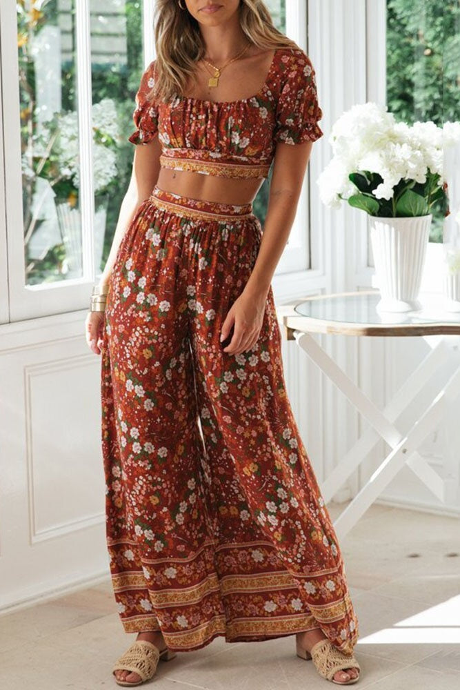 Floral Crop Top & Wide Legs Pants Two-Piece Set Sai Feel