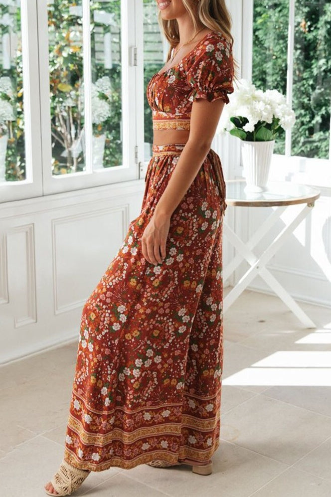 Floral Crop Top & Wide Legs Pants Two-Piece Set Sai Feel