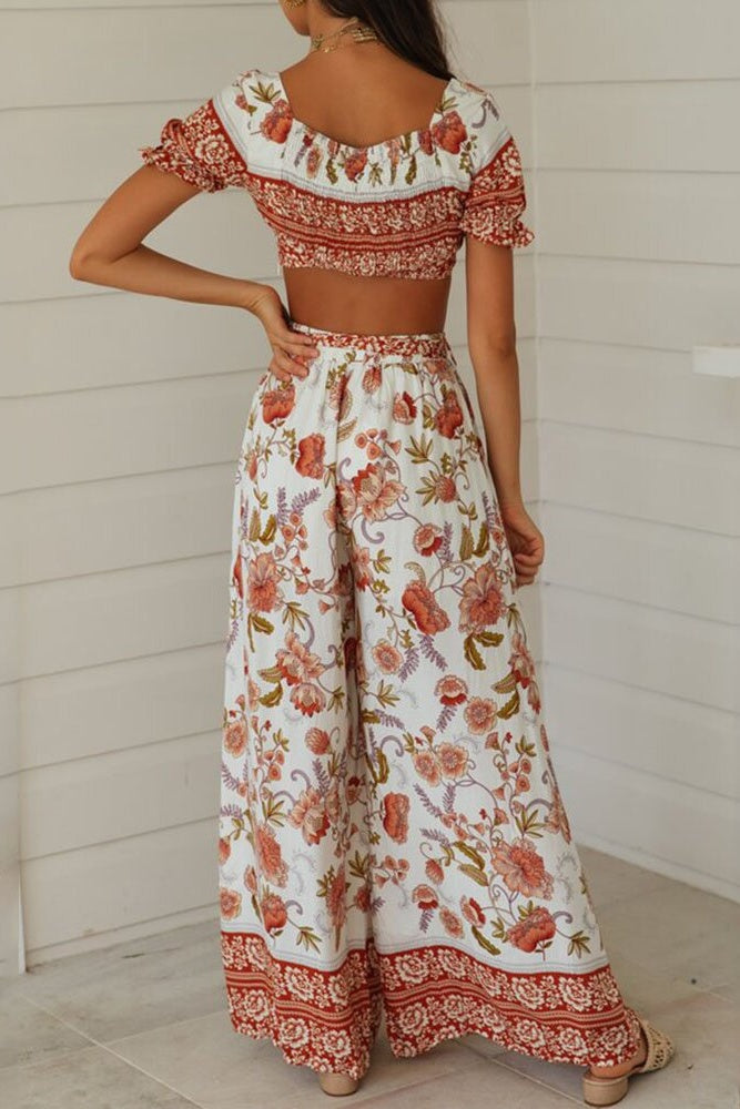 Floral Crop Top & Wide Legs Pants Two-Piece Set Sai Feel