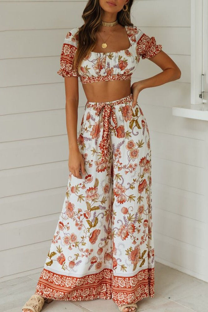 Floral Crop Top & Wide Legs Pants Two-Piece Set Sai Feel