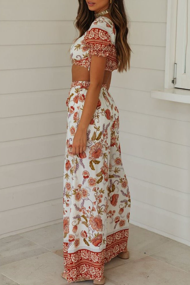 Floral Crop Top & Wide Legs Pants Two-Piece Set Sai Feel