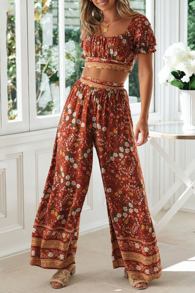 Floral Crop Top & Wide Legs Pants Two-Piece Set Sai Feel