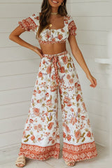 Floral Crop Top & Wide Legs Pants Two-Piece Set Sai Feel