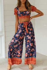 Floral Crop Top & Wide Legs Pants Two-Piece Set Sai Feel