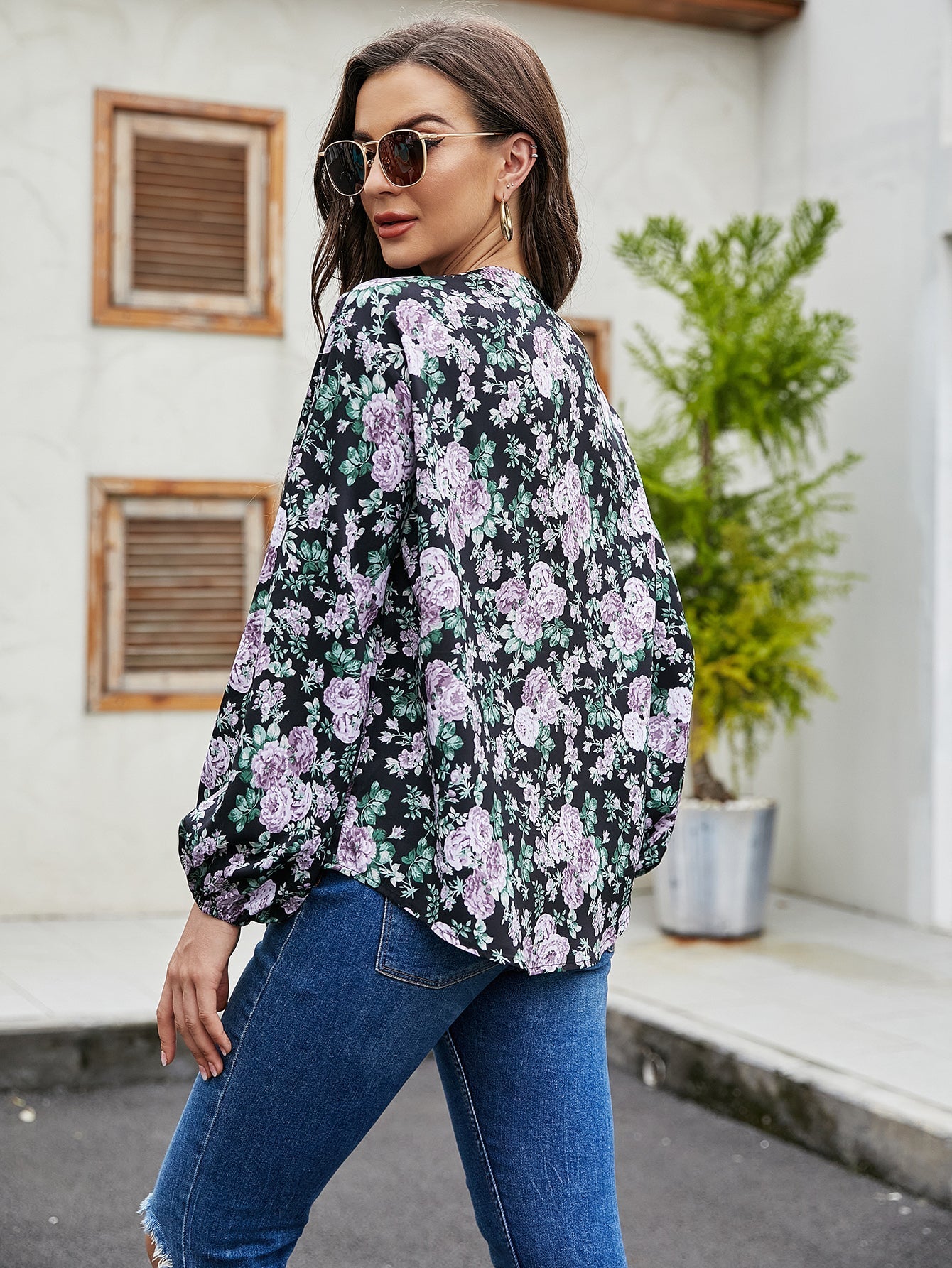 Floral Lantern Sleeve Loose Casual Top Sai Feel