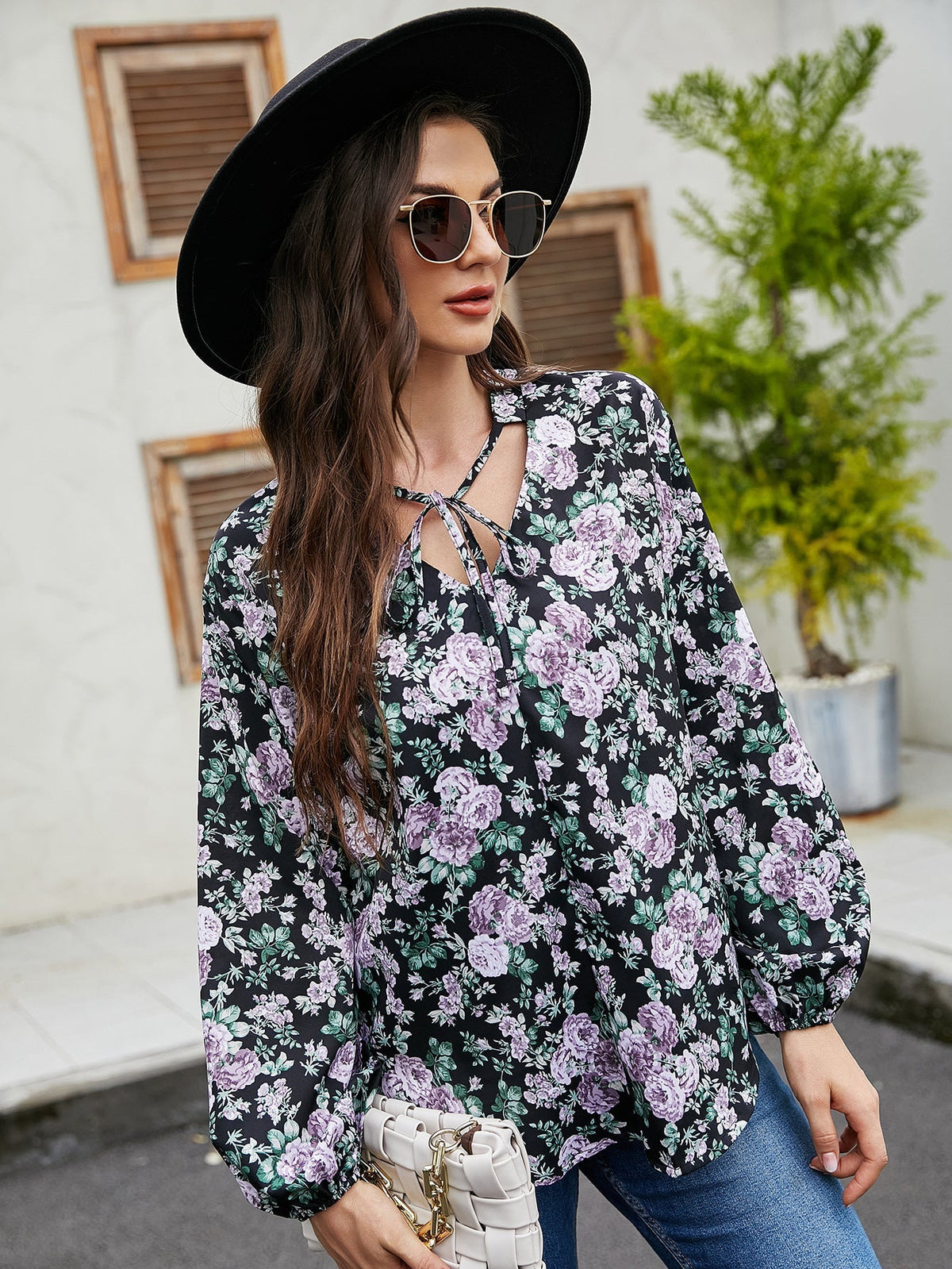 Floral Lantern Sleeve Loose Casual Top Sai Feel