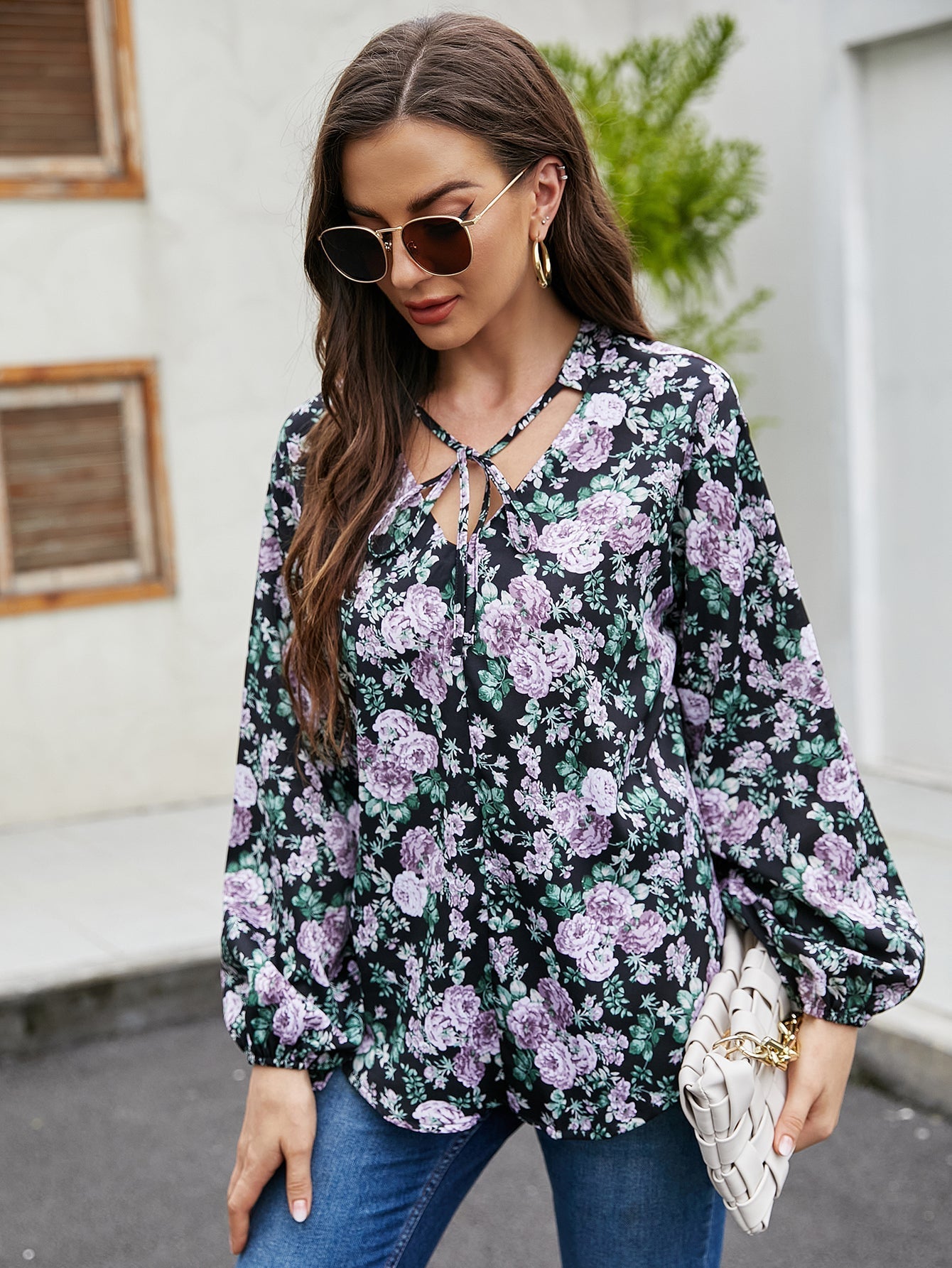 Floral Lantern Sleeve Loose Casual Top Sai Feel