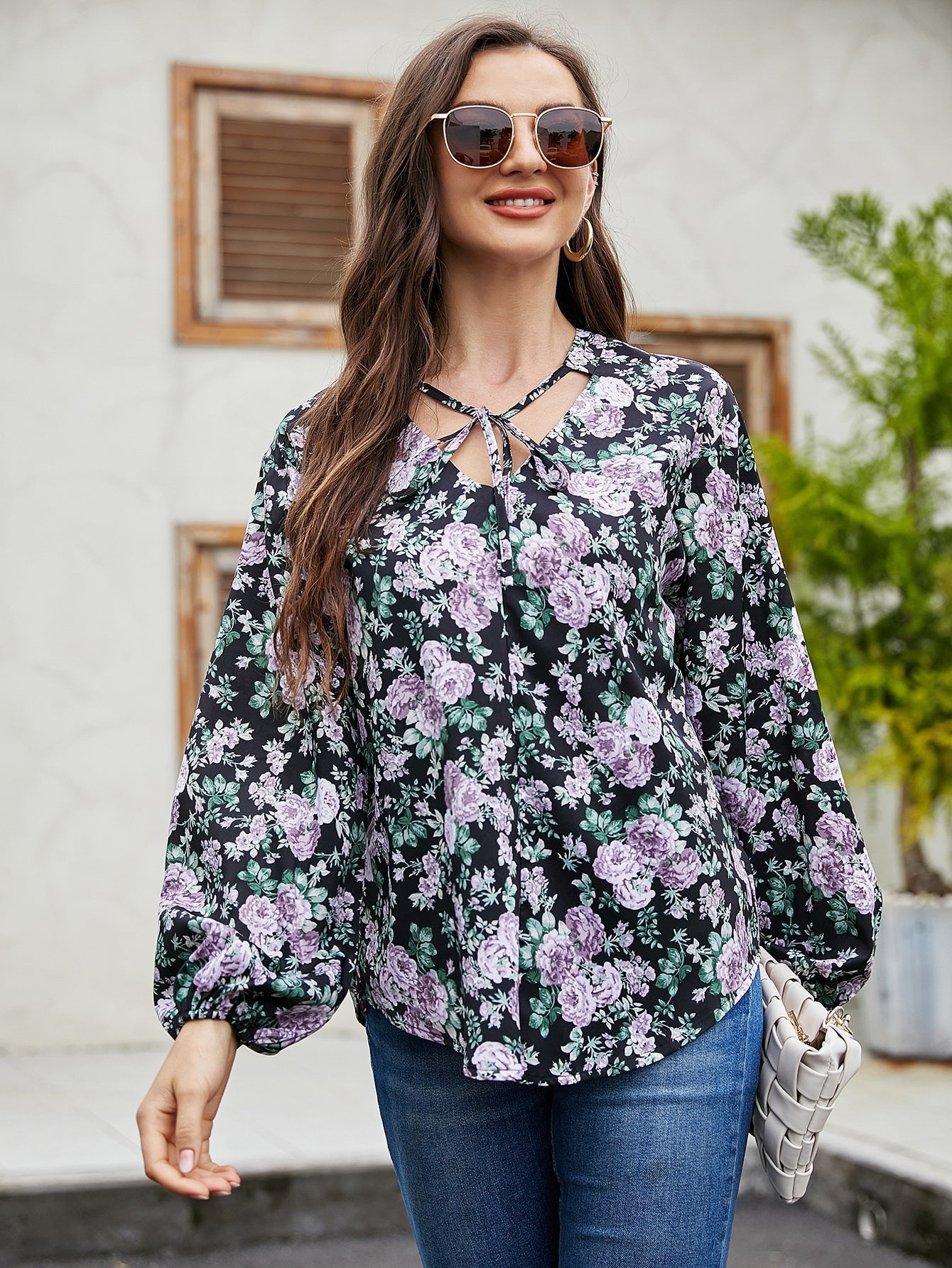 Floral Lantern Sleeve Loose Casual Top Sai Feel