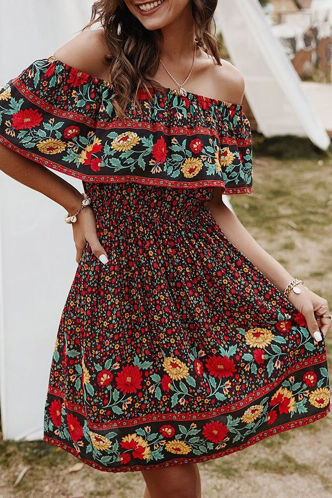 Floral Off-Shoulder Frill Mini Dress Sai Feel