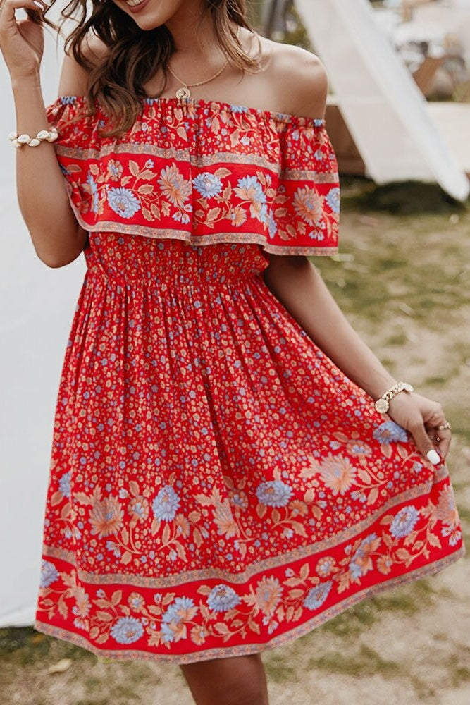 Floral Off-Shoulder Frill Mini Dress Sai Feel