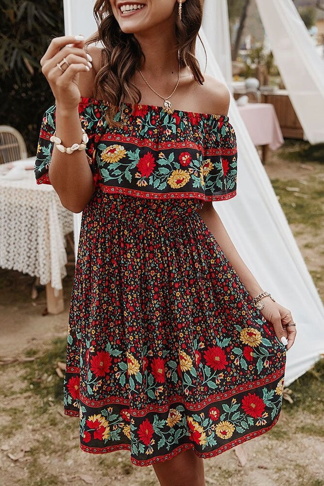 Floral Off-Shoulder Frill Mini Dress Sai Feel