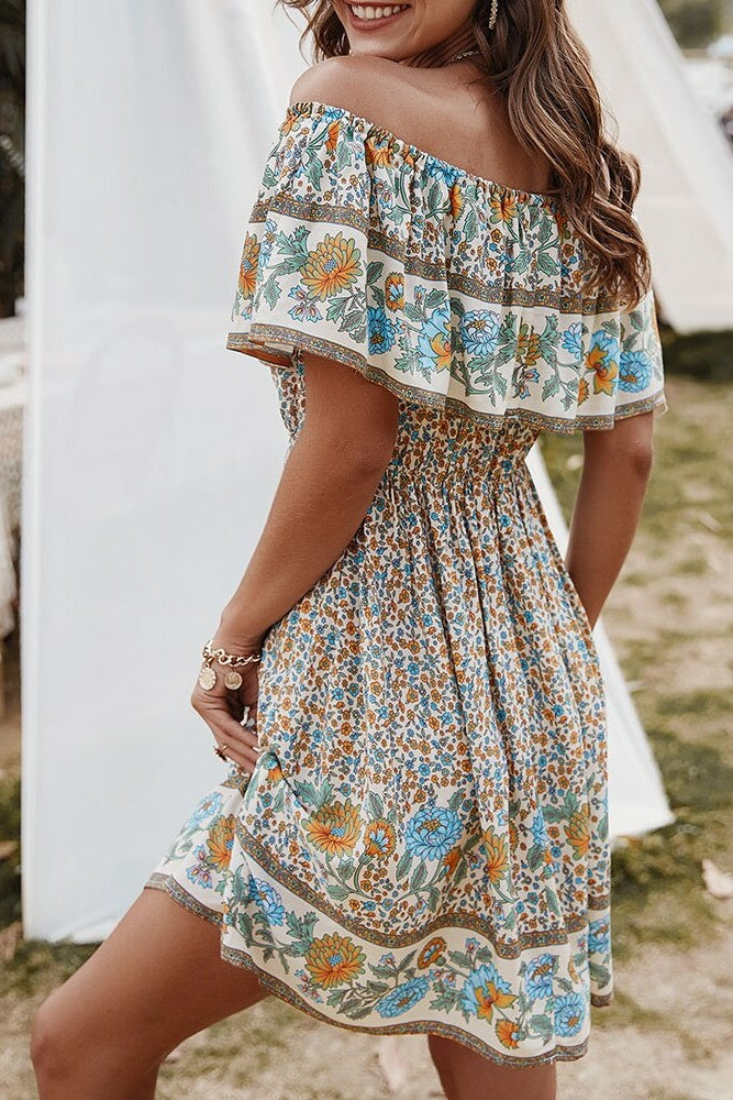 Floral Off-Shoulder Frill Mini Dress Sai Feel