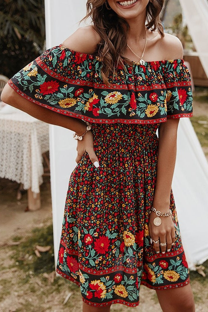 Floral Off-Shoulder Frill Mini Dress Sai Feel