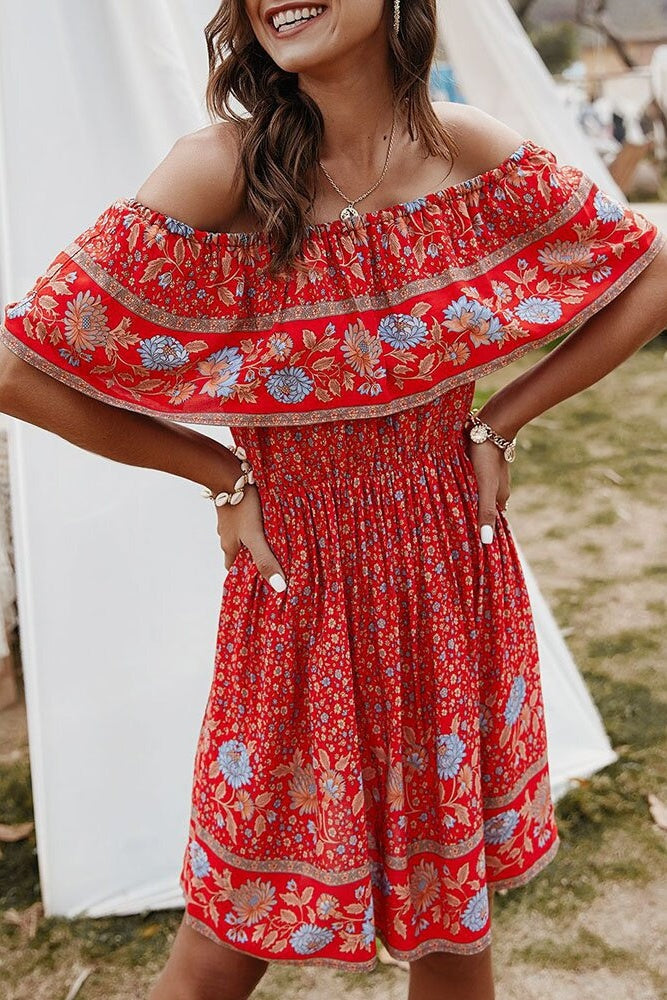 Floral Off-Shoulder Frill Mini Dress Sai Feel