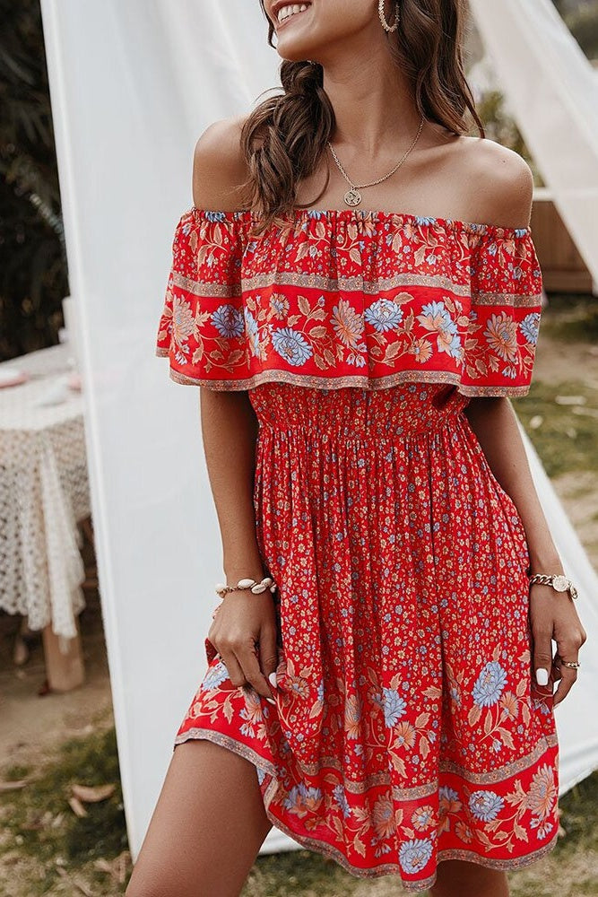 Floral Off-Shoulder Frill Mini Dress Sai Feel