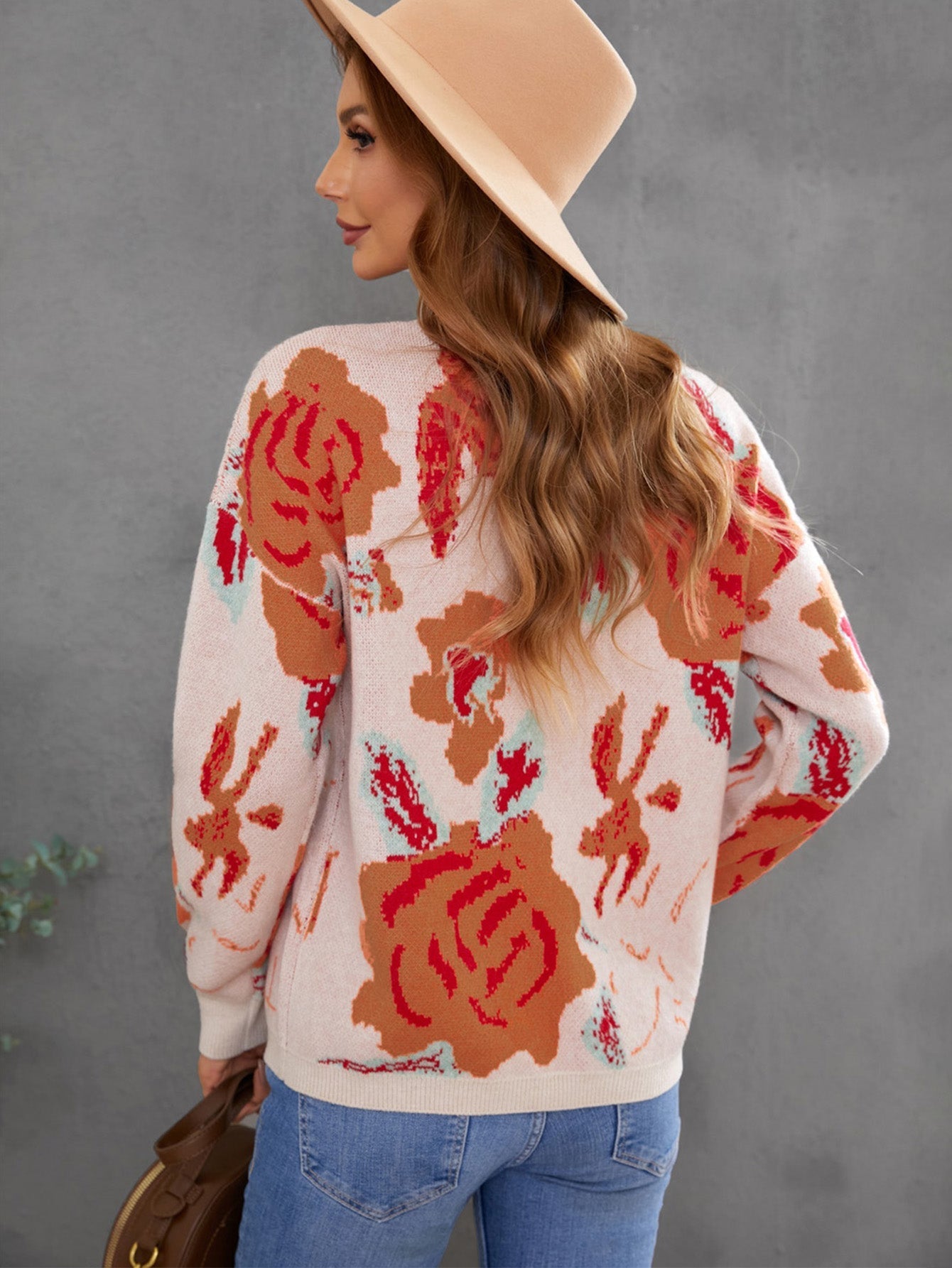 Floral Pattern Drop Shoulder Crew Neck Sweater Sai Feel