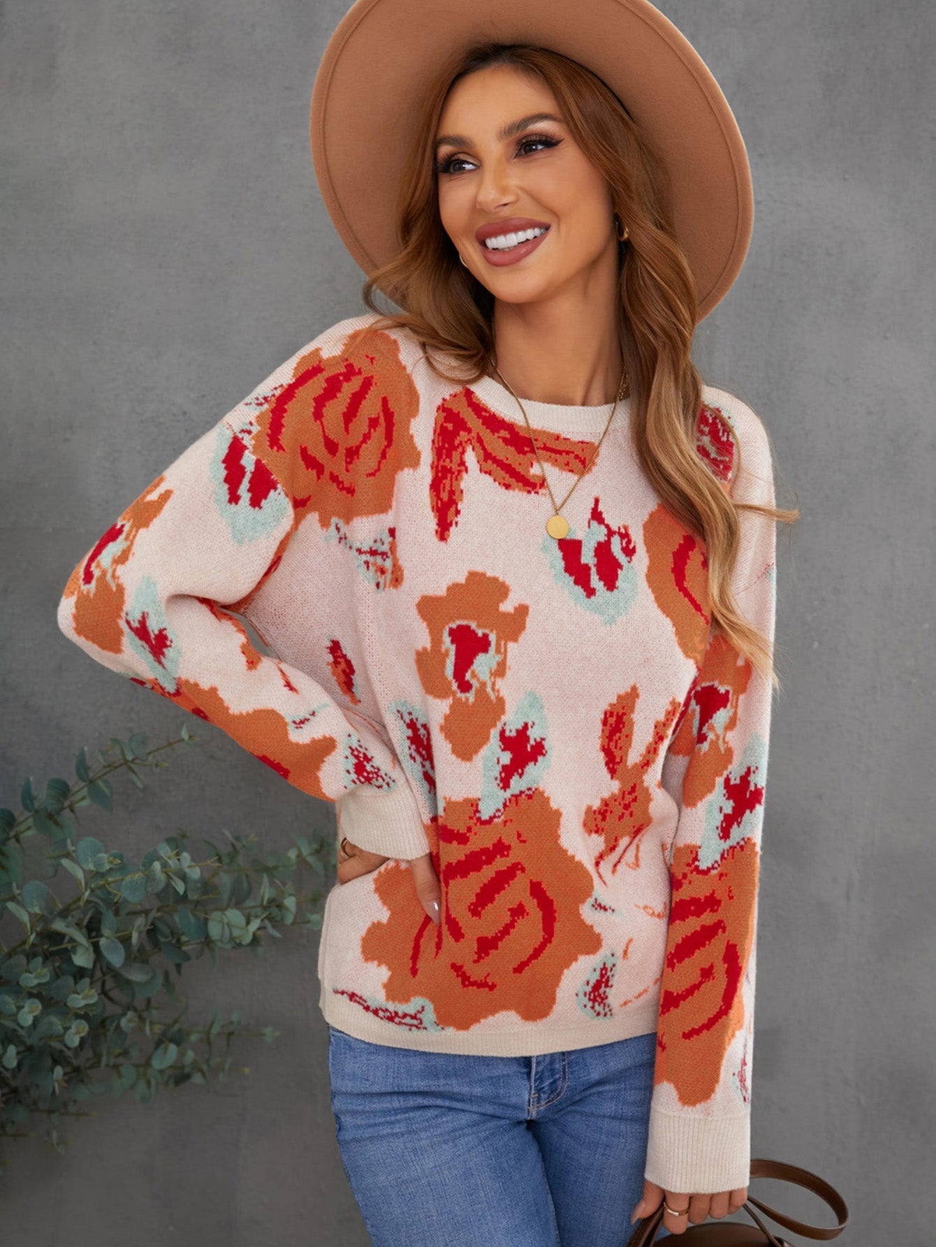 Floral Pattern Drop Shoulder Crew Neck Sweater Sai Feel