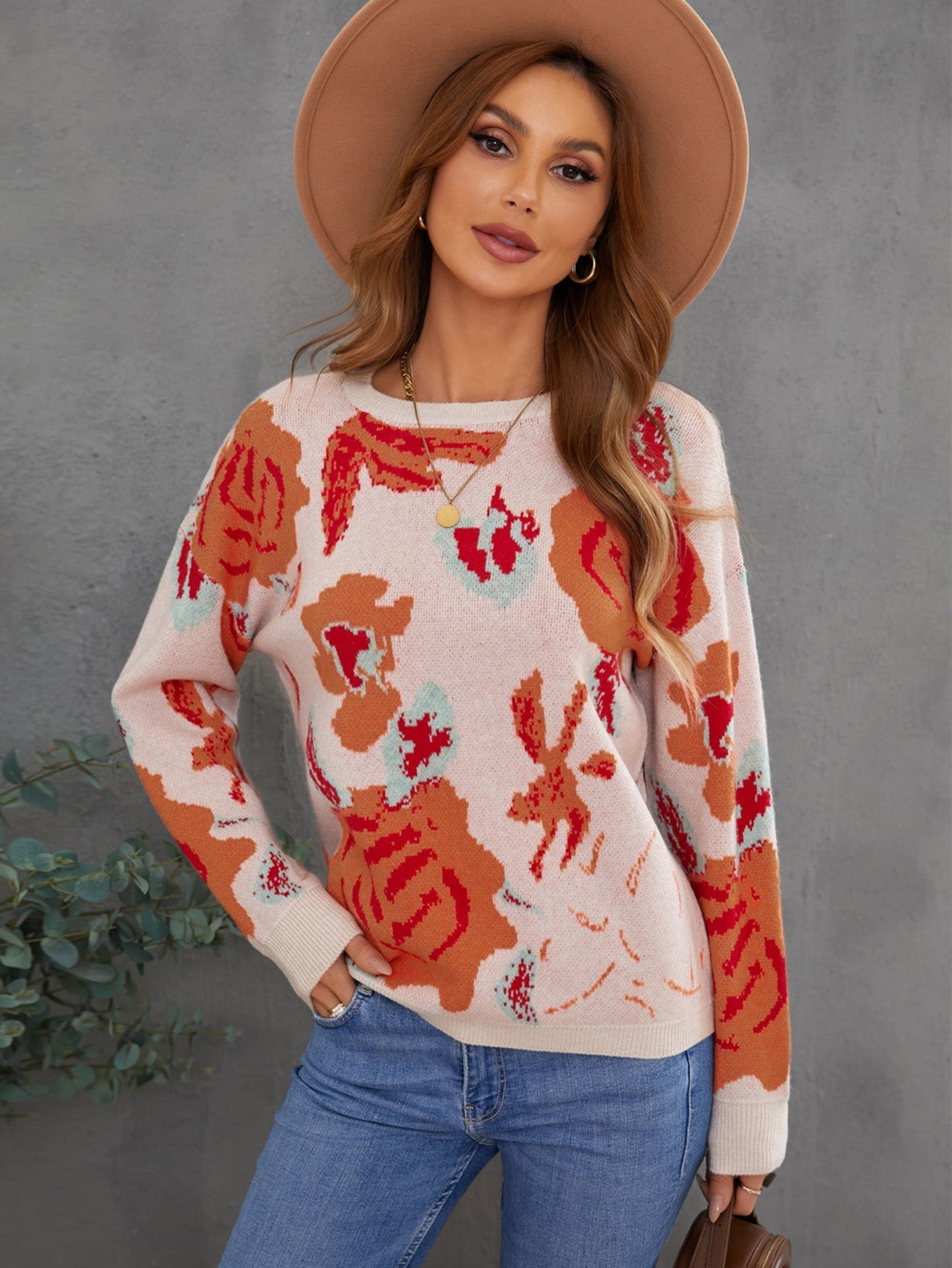 Floral Pattern Drop Shoulder Crew Neck Sweater Sai Feel