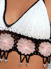 Floral Pattern Tied Backless Crochet Bikini Top Sai Feel