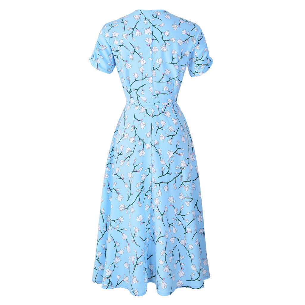 Floral Prin Self-Tie Wrap Dress Tea Dress Sai Feel