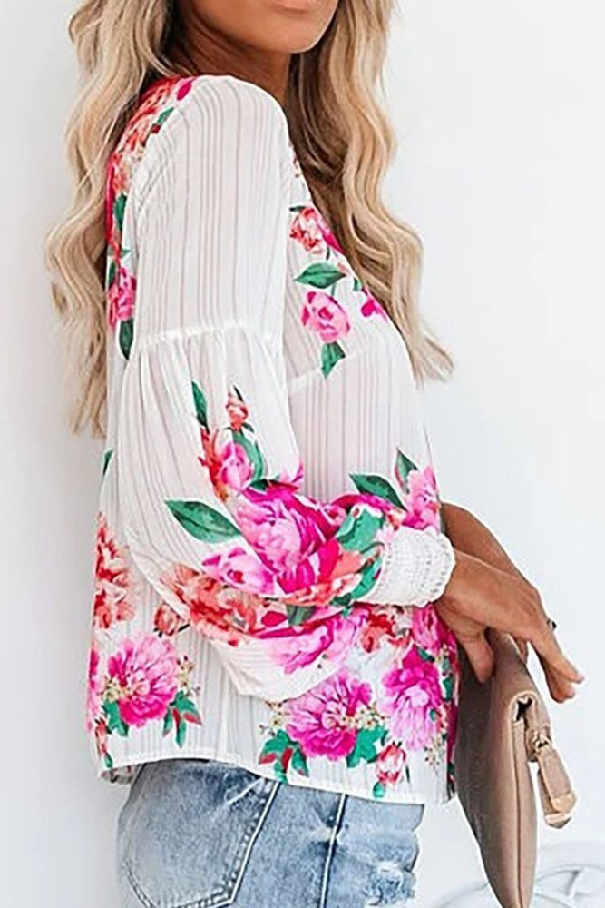 Floral Print Bubble Sleeve Top Sai Feel