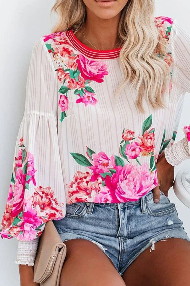 Floral Print Bubble Sleeve Top Sai Feel