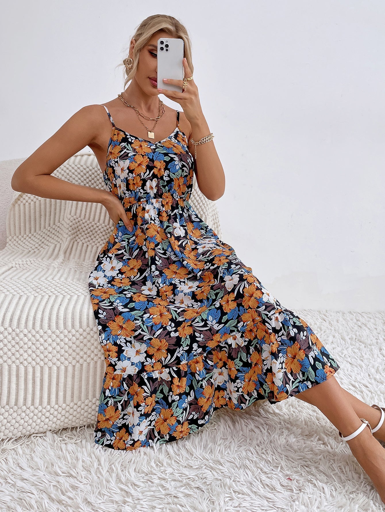 Floral Print Elastic Waist Cami Dress Sai Feel