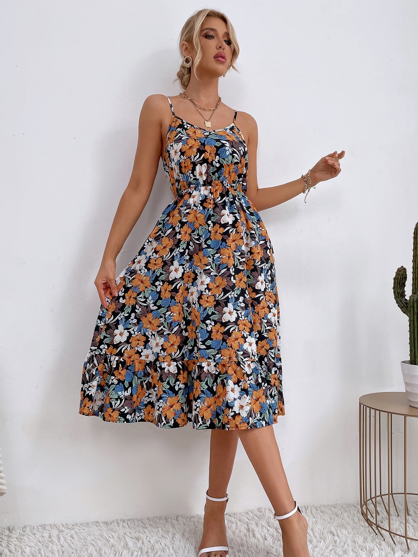 Floral Print Elastic Waist Cami Dress Sai Feel